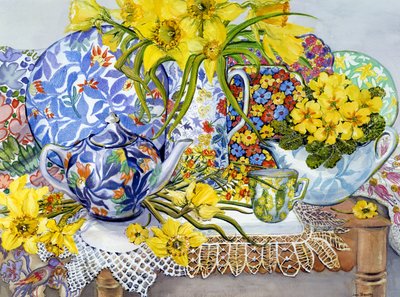 Daffodils, Antique Jugs, Plates, Textiles and Lace, 2012 by Joan Thewsey